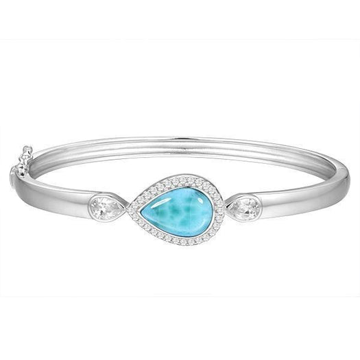 The picture shows a 925 sterling silver larimar teardrop bangle with topaz.