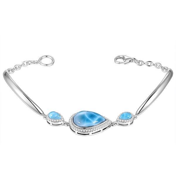 The picture shows a 925 sterling silver three larimar teardrop bracelet.