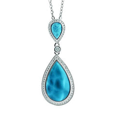The picture shows a 925 sterling silver larimar two teardrop pendant with cubic zirconia.