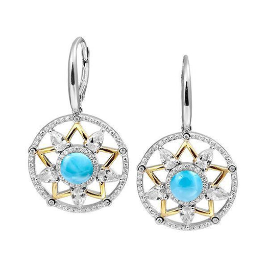 The picture shows a pair of 925 sterling silver larimar star lantern lever-back earrings with topaz