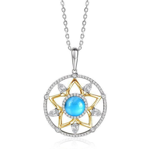 The picture shows a 925 sterling silver, yellow gold plated, larimar star lantern pendant with topaz.