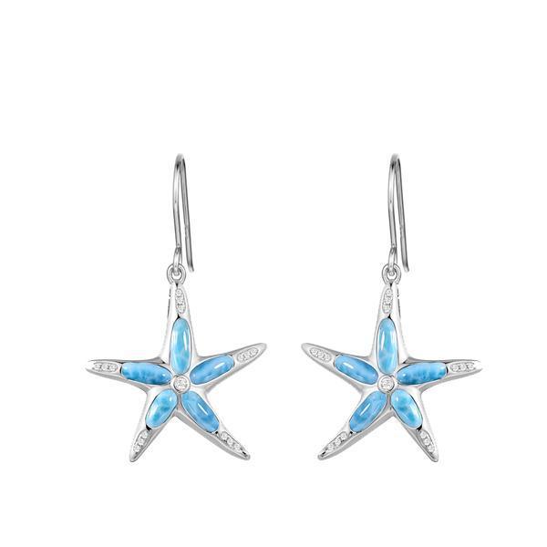The picture shows a pair of 925 sterling silver larimar sea star hook earrings with topaz.