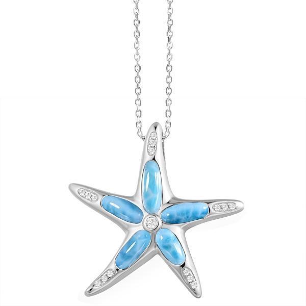 The picture shows a 925 sterling silver larimar sea star pendant with topaz.