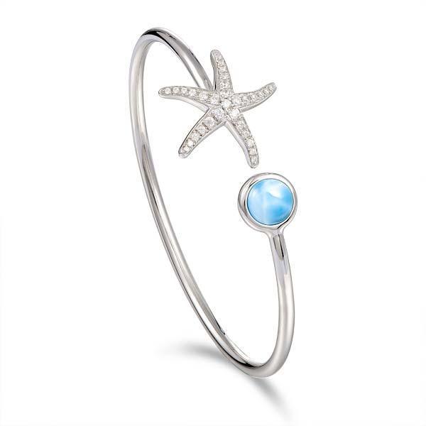 The picture shows a 925 sterling silver larimar starfish and circle bangle with topaz.
