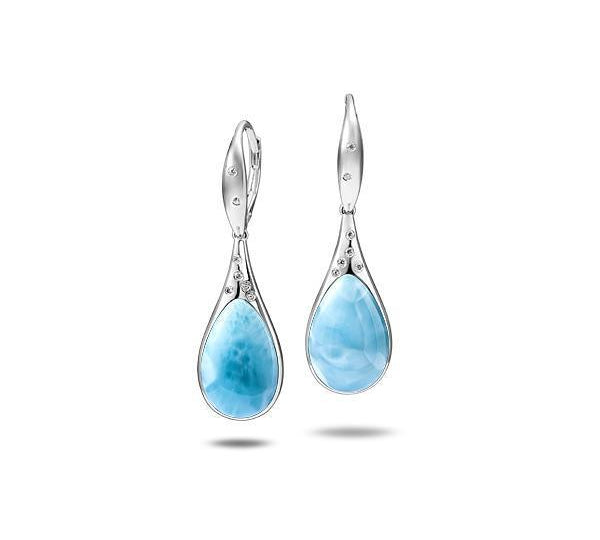 The picture shows a pair of 925 sterling silver larimar starry sky teardrop lever-back earrings with topaz.