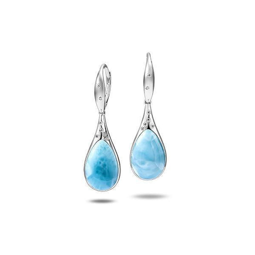 The picture shows a pair of 925 sterling silver larimar starry sky teardrop lever-back earrings with topaz.