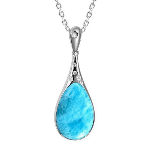 The picture shows a 925 sterling silver larimar starry sky teardrop pendant with cubic zirconia.