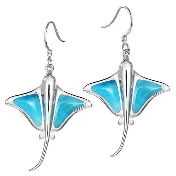 The picture shows a pair of 925 sterling silver larimar eagle ray hook earrings.
