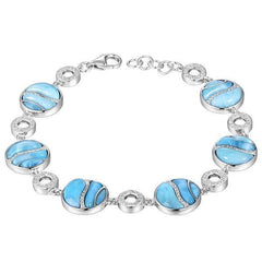 The picture shows a 925 sterling silver larimar striped circle bracelet with topaz.