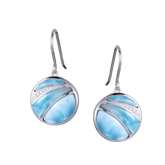 The picture shows a pair of 925 sterling silver larimar striped circle hook earrings with topaz.