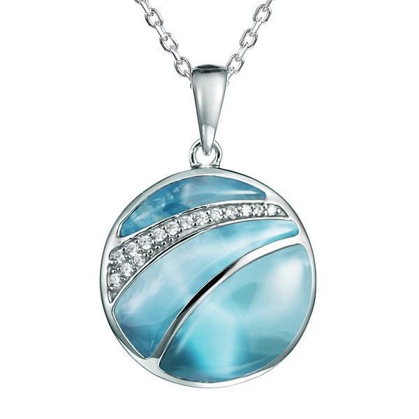 The picture shows a 925 sterling silver larimar striped circle pendant with topaz.