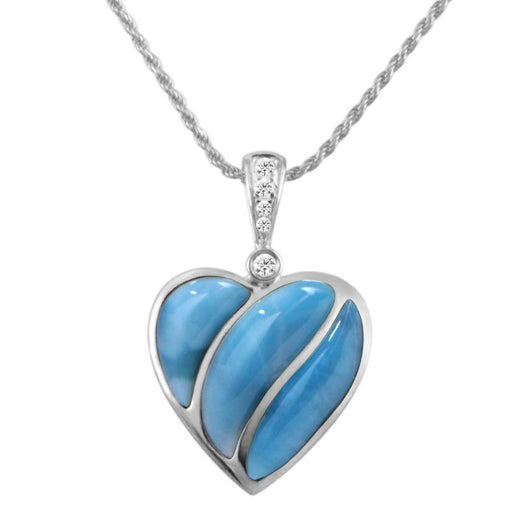The picture shows a 14K white gold larimar striped heart pendant.