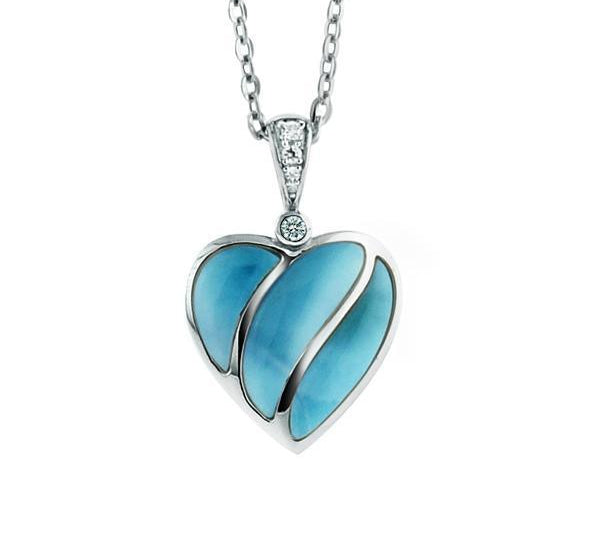 The picture shows a 925 sterling silver larimar striped heart pendant with topaz.