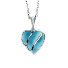 The picture shows a 925 sterling silver larimar striped heart pendant with topaz.