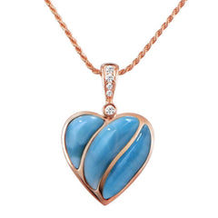 The picture shows a 14K rose gold larimar striped heart pendant.