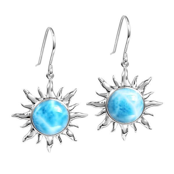 In this photo there is a pair of 925 sterling silver sun hook earrings with blue larimar gemstones.