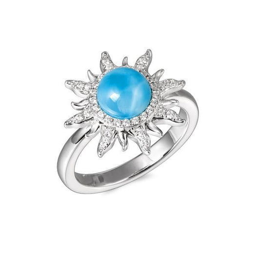 In this photo there is a 925 sterling silver sun ring with a larimar gemstone and topaz
