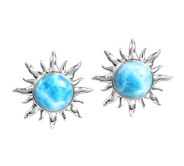 In this photo there is a pair of 925 sterling silver sun stud earrings with blue larimar gemstones.