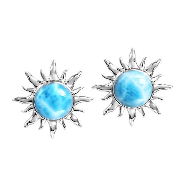 In this photo there is a pair of 925 sterling silver sun stud earrings with blue larimar gemstones.