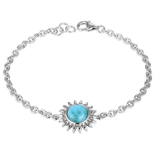 In this photo there is a 925 sterling silver sunflower bracelet with one larimar gemstone.