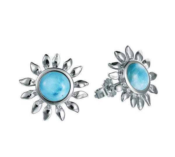 In this photo is a pair of 925 sterling silver sunflower stud earrings with blue larimar gemstones.