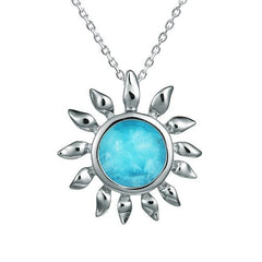 In this photo there is a sterling silver sunflower pendant with one blue larimar gemstone.