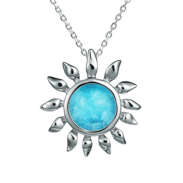 In this photo there is a sterling silver sunflower pendant with one blue larimar gemstone.