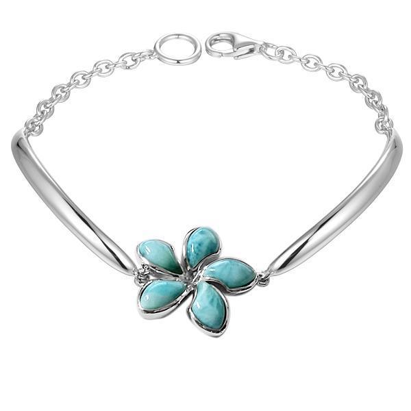 In this photo there is a 925 sterling silver plumeria bracelet with blue larimar gemstones.