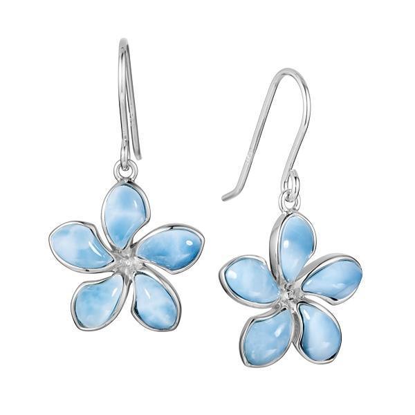 In this photo there is a pair of 925 sterling silver plumeria hook earrings with blue larimar gemstones.