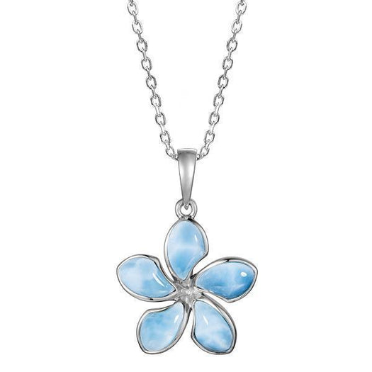 In this photo there is a sterling silver plumeria pendant with blue larimar gemstones.