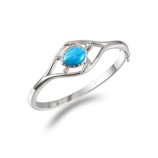 The picture shows a 925 sterling silver larimar swimming sea turtle bangle with topaz.