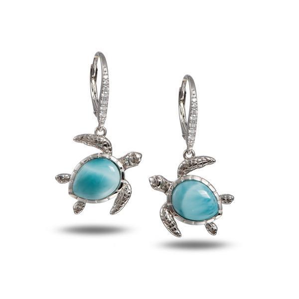 The picture shows a pair of 925 sterling silver larimar swimming sea turtles lever-back earrings.