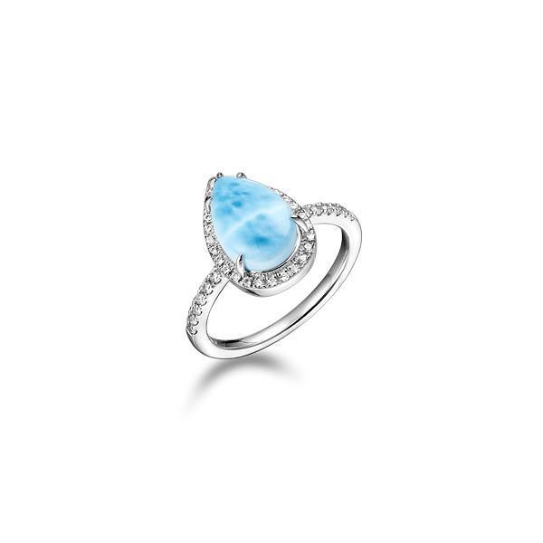 The picture shows a 925 sterling silver larimar teardrop ring with a topaz band.
