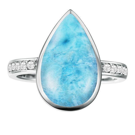 The picture shows a 14K white gold larimar teardrop ring with a diamond band.