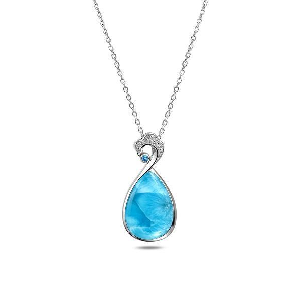 The picture shows a 925 sterling silver larimar teardrop wave pendant with aquamarine and topaz.