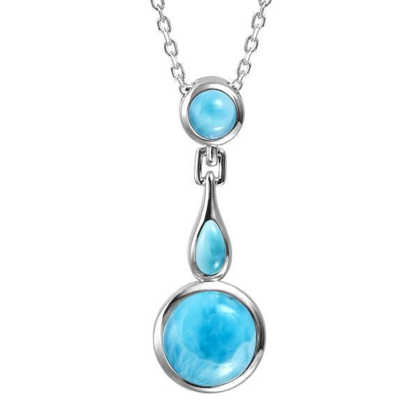 The picture shows a 925 sterling silver larimar pendant featuring two circles and a teardrop in the center.