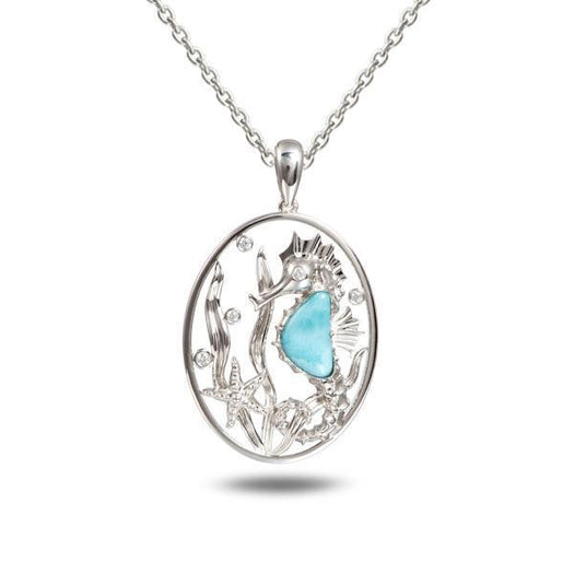 The picture shows a 925 sterling silver pendant with a seahorse, starfish, and seaweed including a larimar gemstone and cubic zirconia.