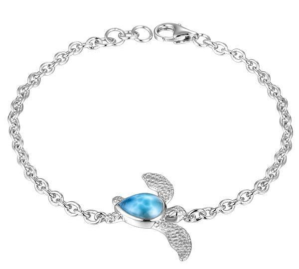 The picture shows a 925 sterling silver larimar sea turtle bracelet.