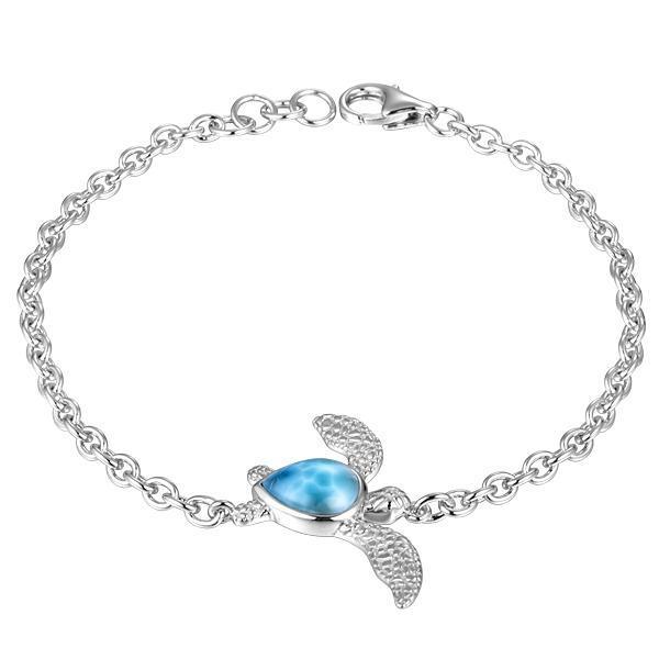 The picture shows a 925 sterling silver larimar sea turtle bracelet.