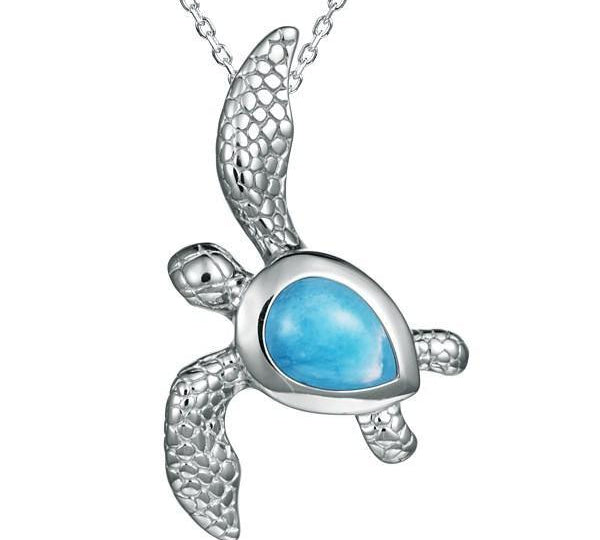 The picture shows a 925 sterling silver larimar sea turtle pendant.