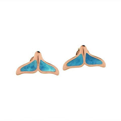 The picture shows 14K rose gold larimar whale tail stud earrings.