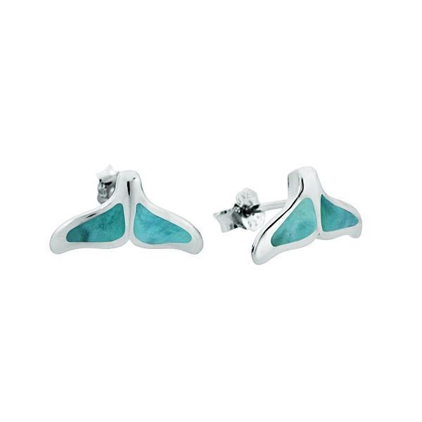 The picture shows a pair of 925 sterling silver larimar whale tail stud earrings.