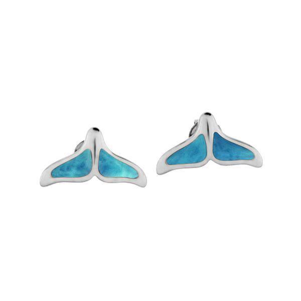 The picture shows 14K white gold larimar whale tail stud earrings.