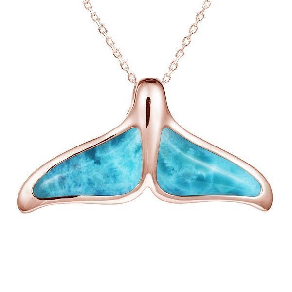 The picture shows a 14K rose gold larimar whale tail pendant.