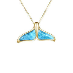 The picture shows a 14K yellow gold larimar whale tail pendant.