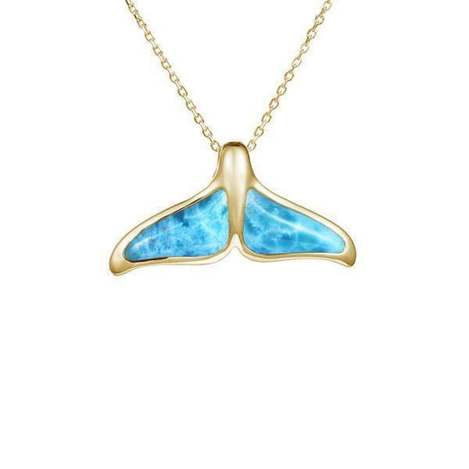 The picture shows a 14K yellow gold larimar whale tail pendant.