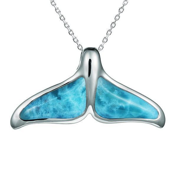 The picture shows a large 925 sterling silver larimar whale tail pendant.