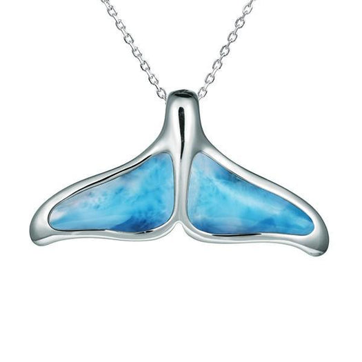 The picture shows a medium 925 sterling silver larimar whale tail pendant.