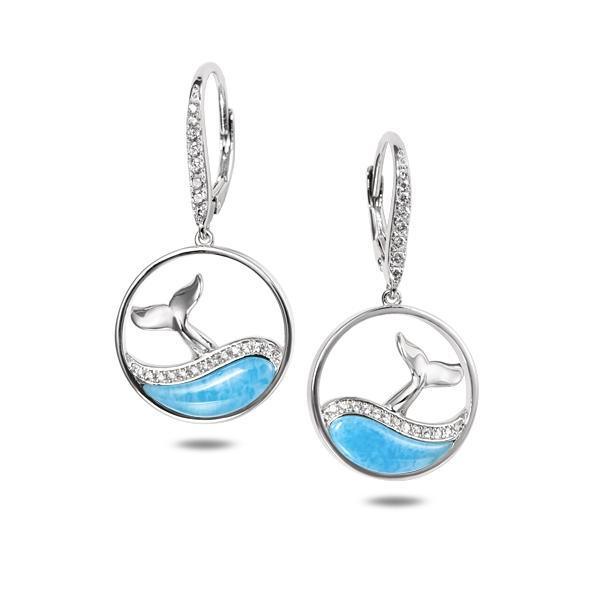 The picture shows a pair of 925 sterling silver larimar whale wave lever-back earrings with topaz.