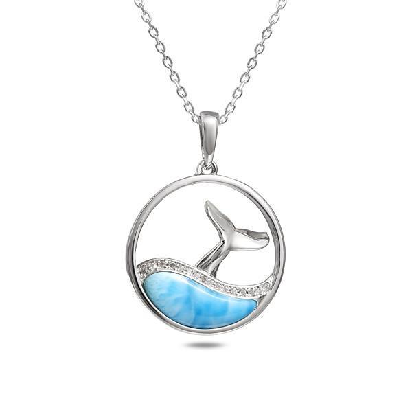 The picture shows a 925 sterling silver larimar whale tail wave pendant with topaz.